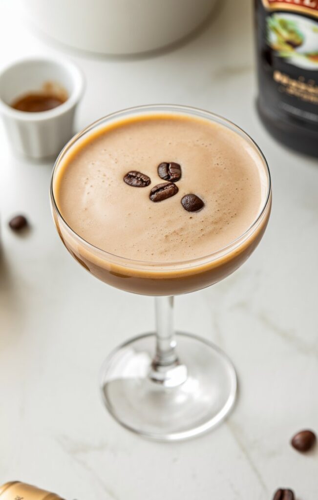 A Baileys Espresso Martini served in a sleek martini glass, garnished with three coffee beans. The drink has a rich, creamy color with a frothy top, set against a bright, minimal background with subtle coffee elements.