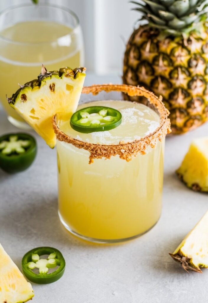 A vibrant Pineapple Jalapeño Margarita served in a glass with a Tajín rim, garnished with a pineapple wedge and jalapeño slice—perfect for summer.