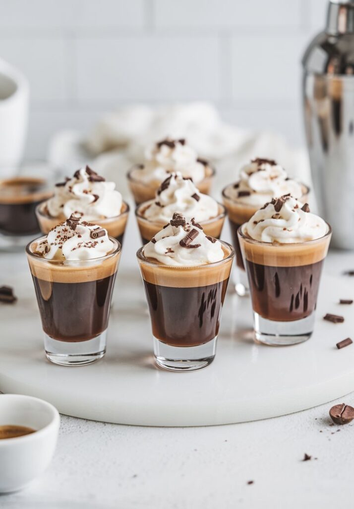 Espresso Martini Shots served in sleek shot glasses, topped with whipped cream and garnished with chocolate shavings. The drinks have a rich, dark base with a creamy, frothy topping, set against a bright, minimal background.