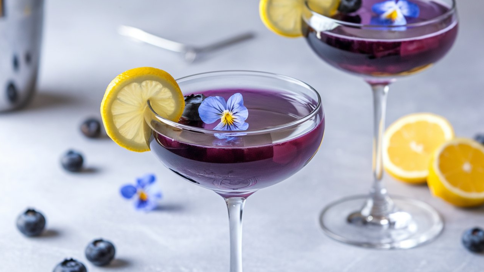 A vibrant Blueberry Limoncello Martini served in an elegant coupe glass, featuring a deep purple hue. The cocktail is garnished with a thin lemon slice on the rim, fresh blueberries, and a delicate edible blue flower floating on top. The background is a soft, neutral gray with scattered blueberries and lemon slices, creating a bright and refreshing spring-inspired setting.