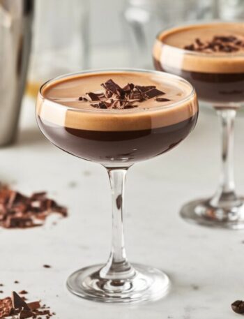 Two Chocolate Espresso Martinis served in coupe glasses on a white marble countertop. Each martini has a rich, dark coffee hue with a thick, velvety crema on top and is garnished with chocolate shavings. In the softly blurred background, a stainless steel cocktail shaker, dark chocolate bars, cocoa powder, and coffee beans enhance the indulgent cocktail aesthetic.