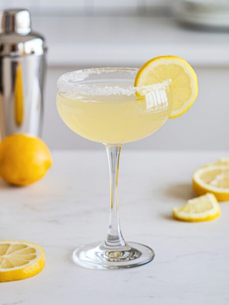 A chilled Lemon Drop Martini served in a sugar-rimmed martini glass with a fresh lemon wedge garnish, against a bright, airy summer background.