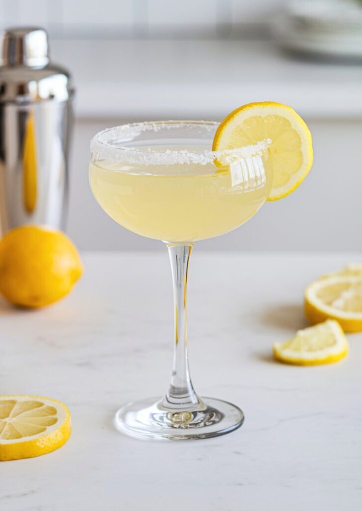 A chilled Lemon Drop Martini served in a sugar-rimmed martini glass with a fresh lemon wedge garnish, against a bright, airy summer background.