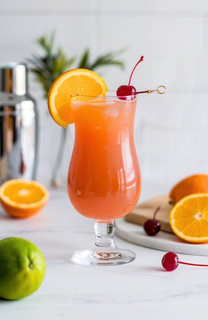 A vibrant Bahama Mama cocktail served in a hurricane glass, garnished with an orange slice and cherry, set against a tropical beach-inspired background.