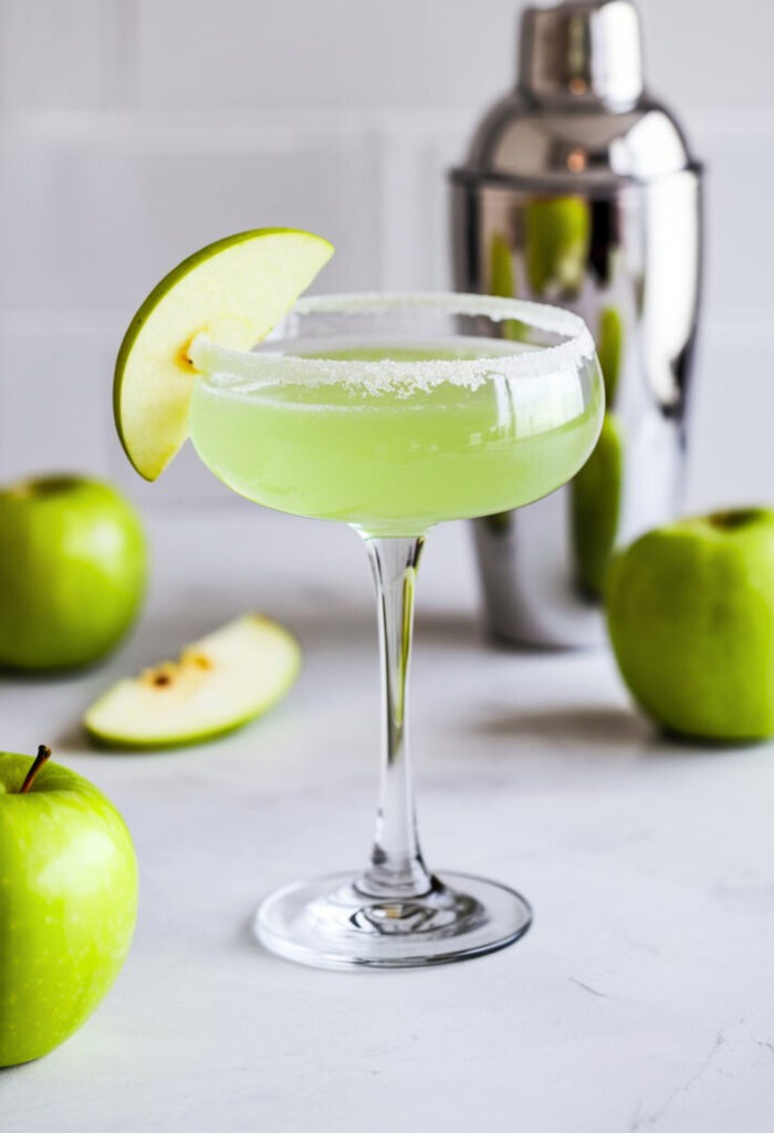 A vibrant Green Apple Glow Martini served in a chilled martini glass with a sugar rim, featuring a crisp green hue and garnished with a thin slice of fresh green apple.