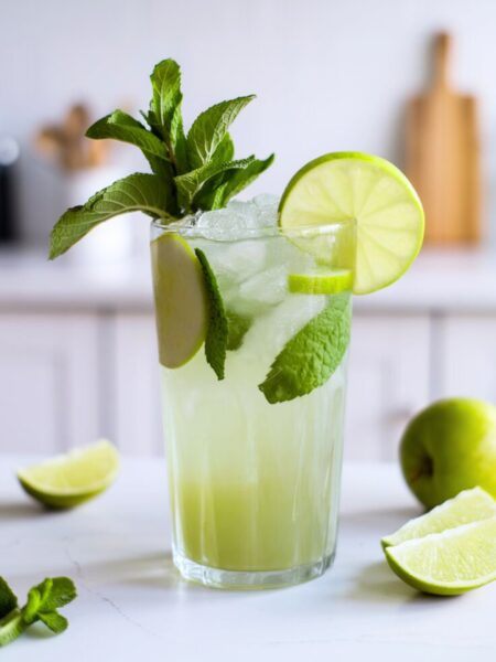 A vibrant Green Apple Mojito in a tall glass, garnished with fresh mint, lime wedges, and a green apple slice. The drink has a light green hue with crushed ice and a bubbly finish.