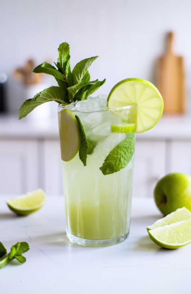 A vibrant Green Apple Mojito in a tall glass, garnished with fresh mint, lime wedges, and a green apple slice. The drink has a light green hue with crushed ice and a bubbly finish.