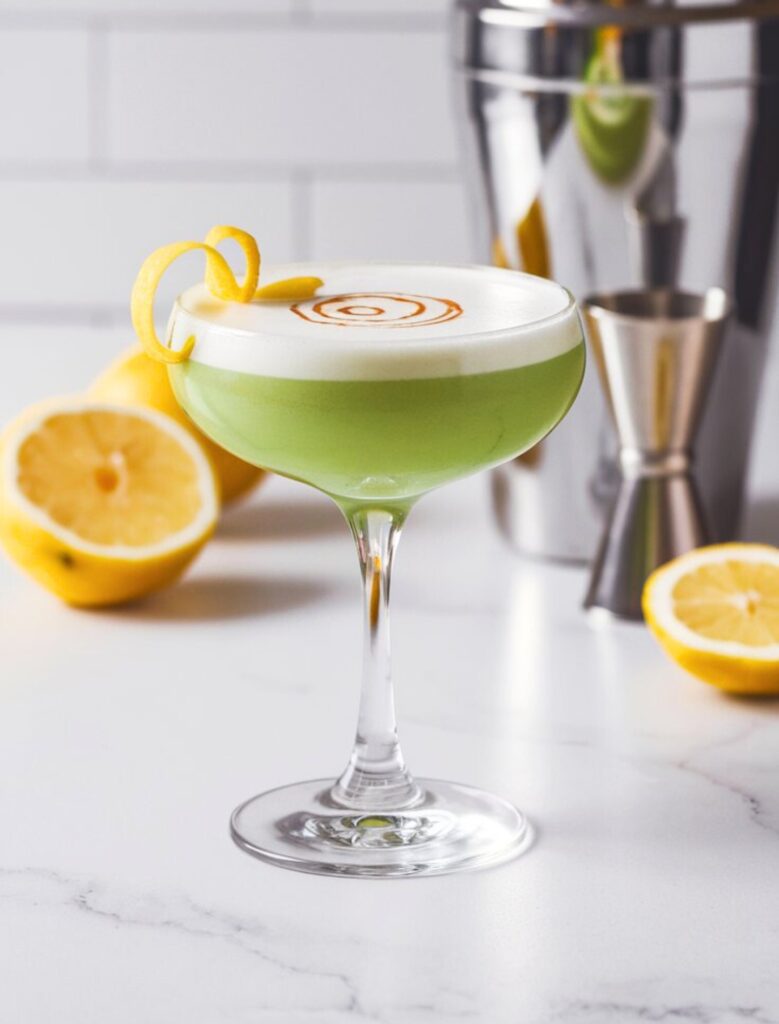 A vibrant green Leprechaun Sour cocktail in a coupe glass with a frothy egg white top, garnished with a lemon twist and a few drops of Angostura bitters for decoration.