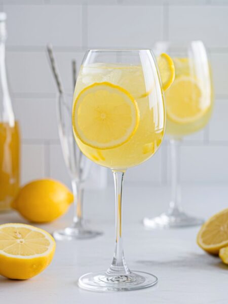 A bright and bubbly Limoncello Spritz served in a wine glass with fresh lemon slices and ice, set against a sunny, inviting background.