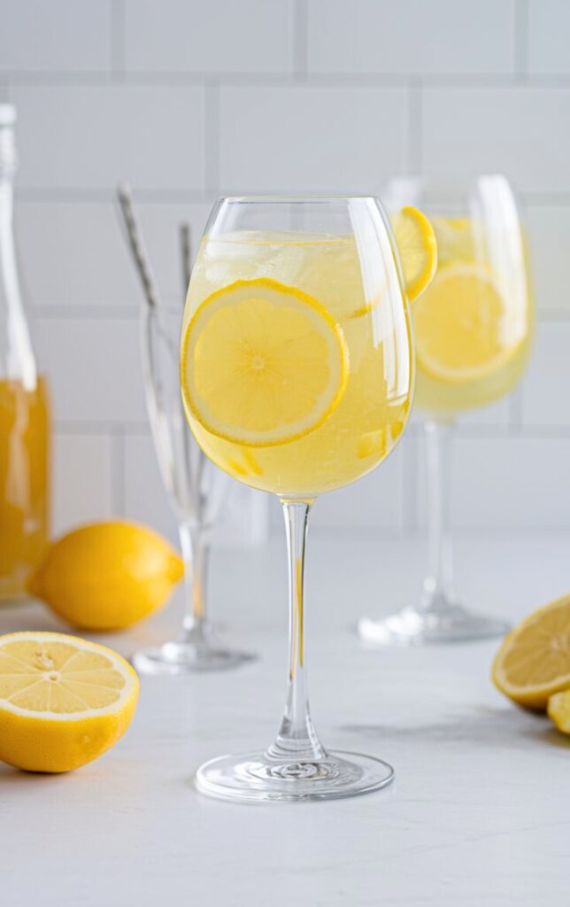 A bright and bubbly Limoncello Spritz served in a wine glass with fresh lemon slices and ice, set against a sunny, inviting background.