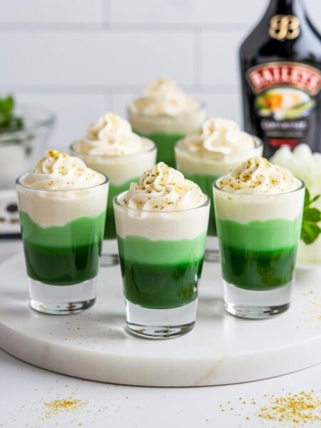 A set of vibrant Lucky Leprechaun Shots served in clear shot glasses, featuring a clean green and cream layered effect, topped with whipped cream and gold sprinkles.