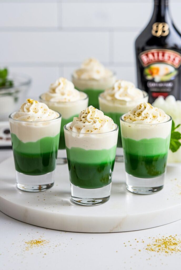 A set of vibrant Lucky Leprechaun Shots served in clear shot glasses, featuring a clean green and cream layered effect, topped with whipped cream and gold sprinkles.