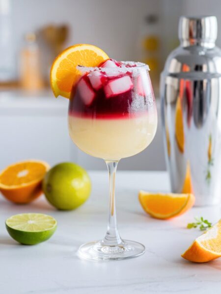 Refreshing citrus cocktail sangria margarita with orange garnish and shaker