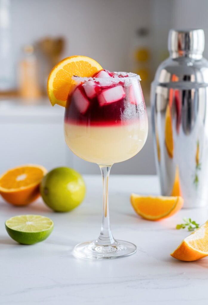 Refreshing citrus cocktail sangria margarita with orange garnish and shaker