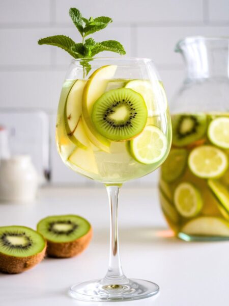 A vibrant green Shamrock Sangria served in a wine glass, filled with slices of green apple, kiwi, and honeydew. The drink has a fresh, light green hue with a crisp, refreshing look.