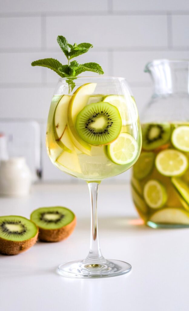 A vibrant green Shamrock Sangria served in a wine glass, filled with slices of green apple, kiwi, and honeydew. The drink has a fresh, light green hue with a crisp, refreshing look.